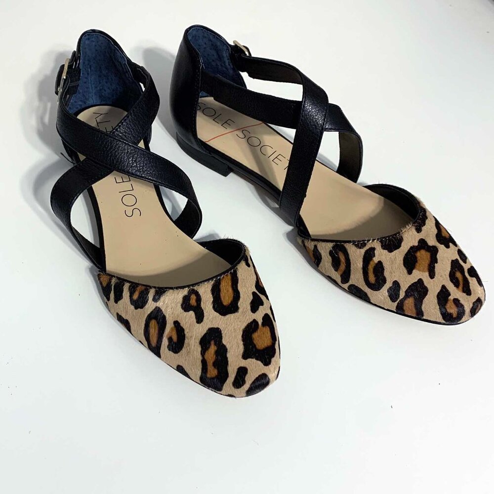 Sole Society "Carmelle" Sandals, Black, and Camel Animal Print, 7M